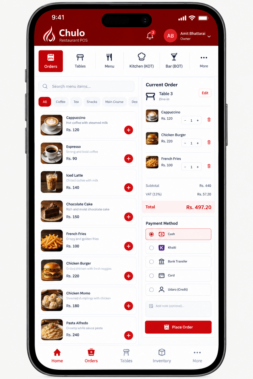 Chulo take-order screen with menu items and a Table 3 checkout panel